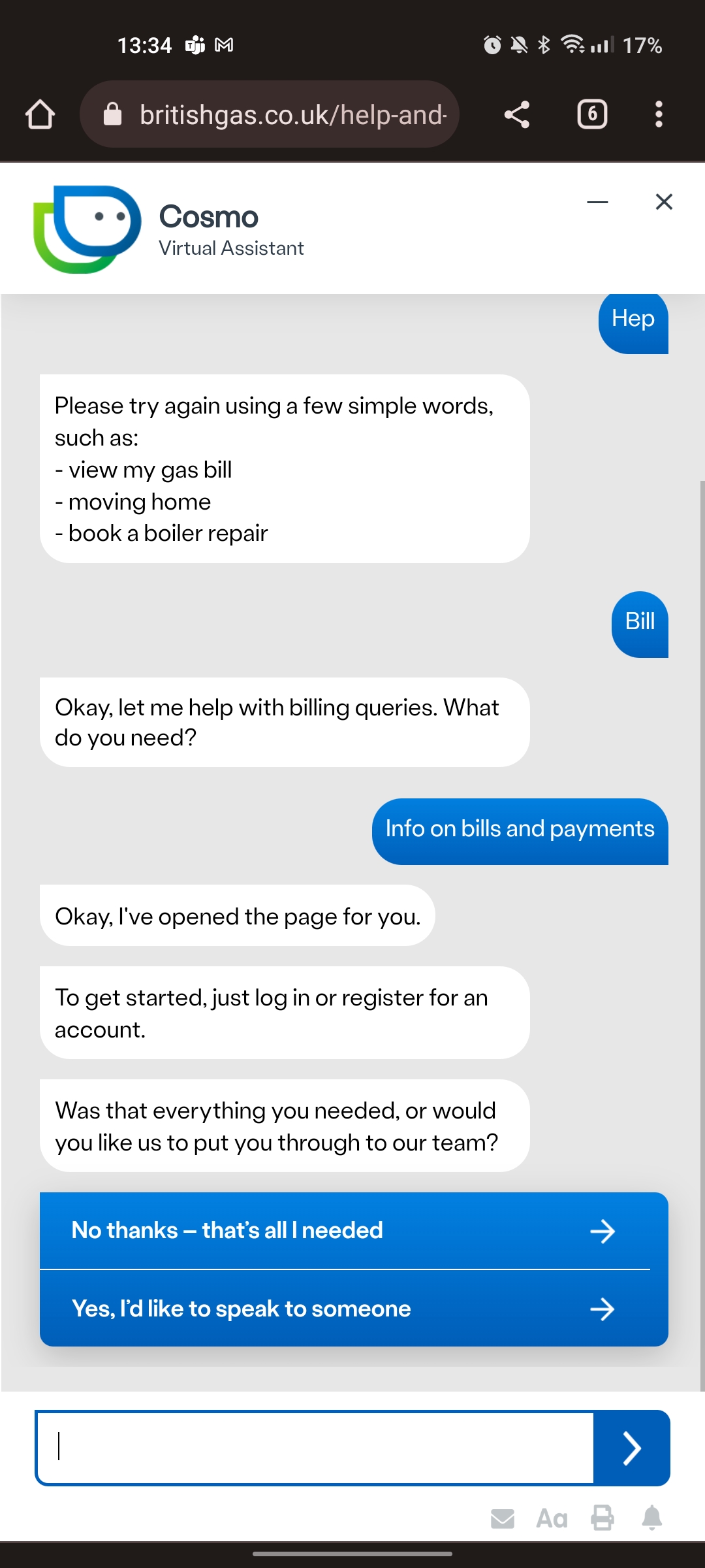 British Gas Cosmo virtual assistant
