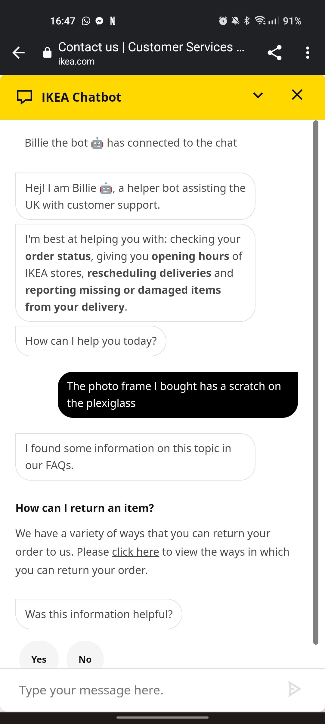 IKEA Billie chatbot